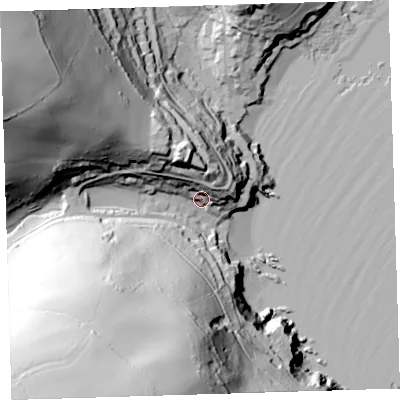 Shaded relief map of the ground around PL101PE, computed from Environment Agency LiDAR. The ground here sits at about 14 m above sea level and falls 106 m across the surrounding 800 m. Surface water reaching this point runs off ground lying to the south-south-west, 95.7 m higher.