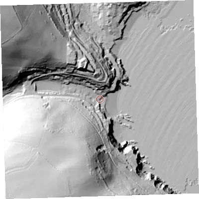 Shaded relief map of the ground around PL101PF, computed from Environment Agency LiDAR. The ground here sits at about 6 m above sea level and falls 111 m across the surrounding 800 m. Surface water reaching this point runs off ground lying to the south-west, 104.8 m higher.