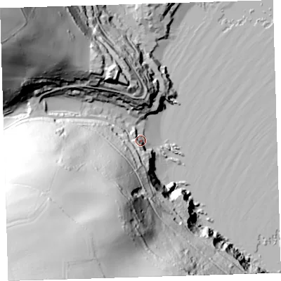 Shaded relief map of the ground around PL101PG, computed from Environment Agency LiDAR. The ground here sits at about 8 m above sea level and falls 116 m across the surrounding 800 m. Surface water reaching this point runs off ground lying to the south-south-west, 95.5 m higher.