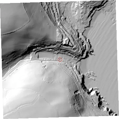 Shaded relief map of the ground around PL101PN, computed from Environment Agency LiDAR. The ground here sits at about 12 m above sea level and falls 108 m across the surrounding 800 m. Surface water reaching this point runs off ground lying to the south-south-west, 94.6 m higher.