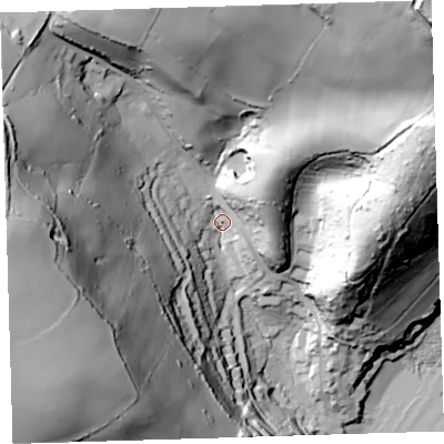 Shaded relief map of the ground around PL101PP, computed from Environment Agency LiDAR. The ground here sits at about 22 m above sea level and falls 113 m across the surrounding 800 m. Surface water reaching this point runs off ground lying to the west, 91.0 m higher.