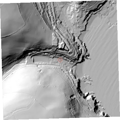 Shaded relief map of the ground around PL101PQ, computed from Environment Agency LiDAR. The ground here sits at about 11 m above sea level and falls 106 m across the surrounding 800 m. Surface water reaching this point runs off ground lying to the south-south-west, 94.3 m higher.