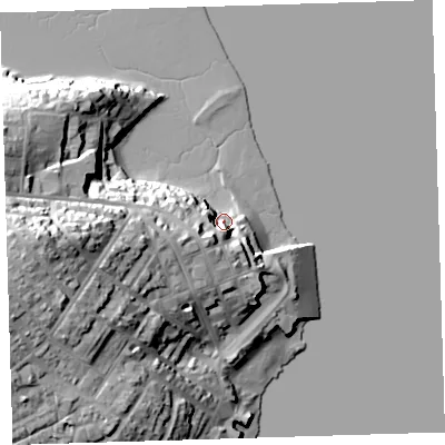 Shaded relief map of the ground around PL112AT, computed from Environment Agency LiDAR. The ground here sits at about 5 m above sea level and falls 31 m across the surrounding 800 m. Surface water reaching this point runs off ground lying to the south-west, 10.9 m higher.