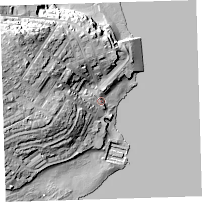 Shaded relief map of the ground around PL112AY, computed from Environment Agency LiDAR. The ground here sits at about 4 m above sea level and falls 31 m across the surrounding 800 m. Surface water reaching this point runs off ground lying to the north-west, 28.2 m higher.