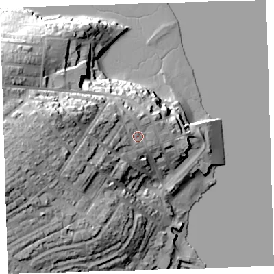 Shaded relief map of the ground around PL112BU, computed from Environment Agency LiDAR. The ground here sits at about 14 m above sea level and falls 31 m across the surrounding 800 m. Surface water reaching this point runs off ground lying to the west, 9.0 m higher.