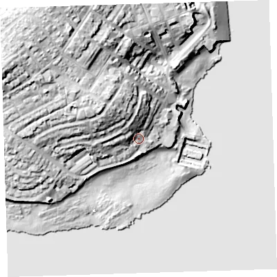 Shaded relief map of the ground around PL112EH, computed from Environment Agency LiDAR. The ground here sits at about 6 m above sea level and falls 30 m across the surrounding 800 m. Surface water reaching this point runs off ground lying to the north-west, 12.6 m higher.