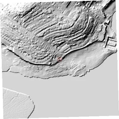 Shaded relief map of the ground around PL112EN, computed from Environment Agency LiDAR. The ground here sits at about 4 m above sea level and falls 29 m across the surrounding 800 m. Surface water reaching this point runs off ground lying to the north-west, 4.8 m higher.