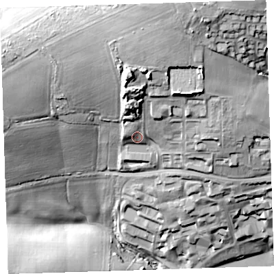 Shaded relief map of the ground around PL112FA, computed from Environment Agency LiDAR. The ground here sits at about 37 m above sea level and falls 52 m across the surrounding 800 m. Surface water reaching this point runs off ground lying to the north, 15.8 m higher.