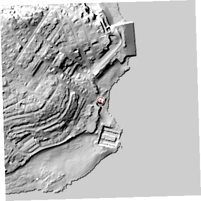 Shaded relief map of the ground around PL112FH, computed from Environment Agency LiDAR. The ground here sits at about 3 m above sea level and falls 31 m across the surrounding 800 m. Surface water reaching this point runs off ground lying to the west, 19.8 m higher.