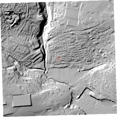 Shaded relief map of the ground around PL112NB, computed from Environment Agency LiDAR. The ground here sits at about 8 m above sea level and falls 48 m across the surrounding 800 m. Surface water reaching this point runs off ground lying to the north-north-east, 10.0 m higher.