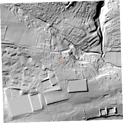 Shaded relief map of the ground around PL112NX, computed from Environment Agency LiDAR. The ground here sits at about 27 m above sea level and falls 41 m across the surrounding 800 m. Surface water reaching this point runs off ground lying to the north-west, 3.2 m higher.