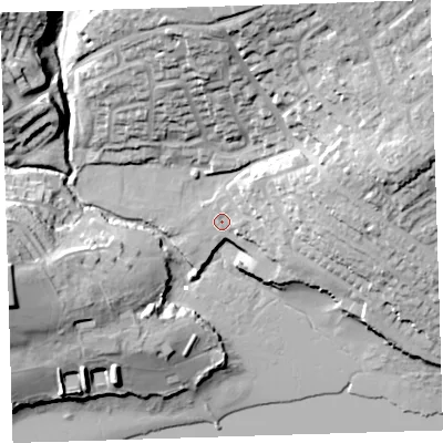 Shaded relief map of the ground around PL112RE, computed from Environment Agency LiDAR. The ground here sits at about 4 m above sea level and falls 31 m across the surrounding 800 m. Surface water reaching this point runs off ground lying to the east, 1.9 m higher.