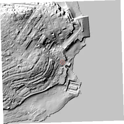 Shaded relief map of the ground around PL112RF, computed from Environment Agency LiDAR. The ground here sits at about 5 m above sea level and falls 31 m across the surrounding 800 m. Surface water reaching this point runs off ground lying to the west, 15.7 m higher.