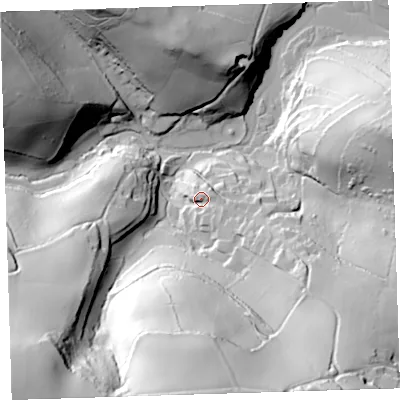 Shaded relief map of the ground around PL113AW, computed from Environment Agency LiDAR. The ground here sits at about 17 m above sea level and falls 106 m across the surrounding 800 m. Surface water reaching this point runs off ground lying to the south-east, 13.9 m higher.