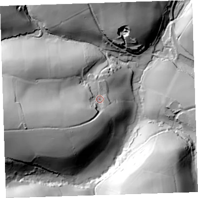 Shaded relief map of the ground around PL113DZ, computed from Environment Agency LiDAR. The ground here sits at about 30 m above sea level and falls 65 m across the surrounding 800 m. Surface water reaching this point runs off ground lying to the west-south-west, 37.5 m higher.