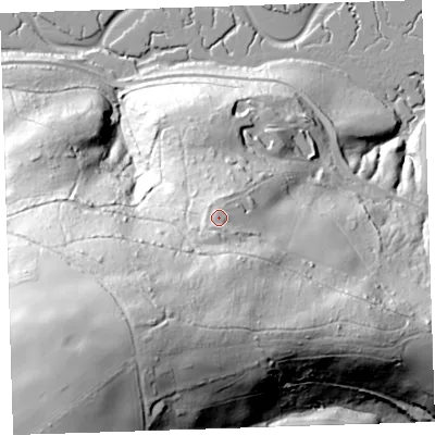 Shaded relief map of the ground around PL113ET, computed from Environment Agency LiDAR. The ground here sits at about 60 m above sea level and falls 109 m across the surrounding 800 m. Surface water reaching this point runs off ground lying to the south, 6.0 m higher.
