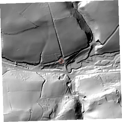Shaded relief map of the ground around PL113HA, computed from Environment Agency LiDAR. The ground here sits at about 14 m above sea level and falls 70 m across the surrounding 800 m. Surface water reaching this point runs off ground lying to the north-north-west, 54.1 m higher.