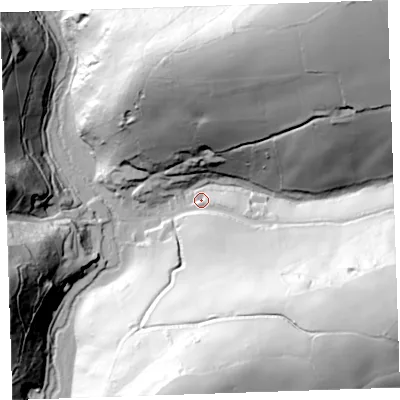 Shaded relief map of the ground around PL113HH, computed from Environment Agency LiDAR. The ground here sits at about 21 m above sea level and falls 110 m across the surrounding 800 m. Surface water reaching this point runs off ground lying to the north-east, 100.7 m higher.