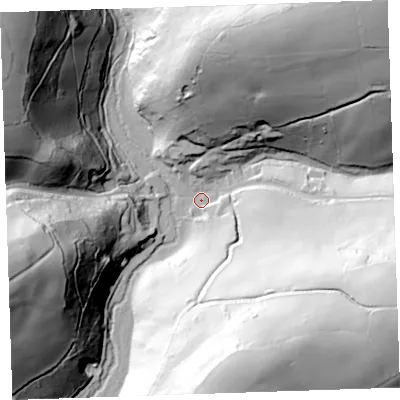 Shaded relief map of the ground around PL113HJ, computed from Environment Agency LiDAR. The ground here sits at about 12 m above sea level and falls 104 m across the surrounding 800 m. Surface water reaching this point runs off ground lying to the north-east, 101.1 m higher.