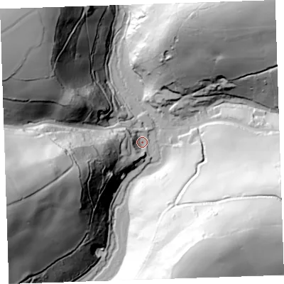 Shaded relief map of the ground around PL113HL, computed from Environment Agency LiDAR. The ground here sits at about 11 m above sea level and falls 100 m across the surrounding 800 m. Surface water reaching this point runs off ground lying to the west-south-west, 65.1 m higher.