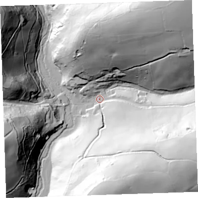 Shaded relief map of the ground around PL113HP, computed from Environment Agency LiDAR. The ground here sits at about 16 m above sea level and falls 108 m across the surrounding 800 m. Surface water reaching this point runs off ground lying to the north-east, 102.3 m higher.