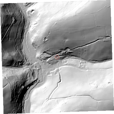 Shaded relief map of the ground around PL113HR, computed from Environment Agency LiDAR. The ground here sits at about 25 m above sea level and falls 110 m across the surrounding 800 m. Surface water reaching this point runs off ground lying to the north-north-east, 72.4 m higher.