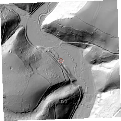 Shaded relief map of the ground around PL113HW, computed from Environment Agency LiDAR. The ground here sits at about 5 m above sea level and falls 114 m across the surrounding 800 m. Surface water reaching this point runs off ground lying to the south-west, 103.7 m higher.