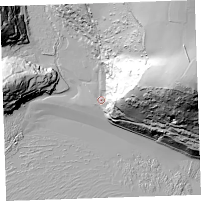 Shaded relief map of the ground around PL113JD, computed from Environment Agency LiDAR. The ground here sits at about 6 m above sea level and falls 135 m across the surrounding 800 m. Surface water reaching this point runs off ground lying to the east, 54.5 m higher.