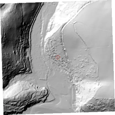 Shaded relief map of the ground around PL113JF, computed from Environment Agency LiDAR. The ground here sits at about 17 m above sea level and falls 131 m across the surrounding 800 m. Surface water reaching this point runs off ground lying to the east-north-east, 117.3 m higher.