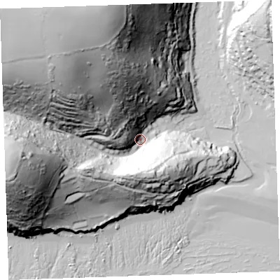 Shaded relief map of the ground around PL113JH, computed from Environment Agency LiDAR. The ground here sits at about 16 m above sea level and falls 128 m across the surrounding 800 m. Surface water reaching this point runs off ground lying to the north-west, 111.7 m higher.