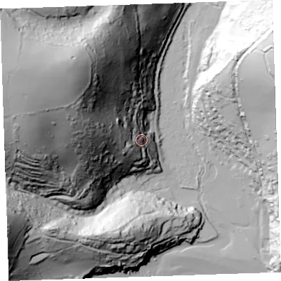 Shaded relief map of the ground around PL113JJ, computed from Environment Agency LiDAR. The ground here sits at about 30 m above sea level and falls 126 m across the surrounding 800 m. Surface water reaching this point runs off ground lying to the west, 50.0 m higher.