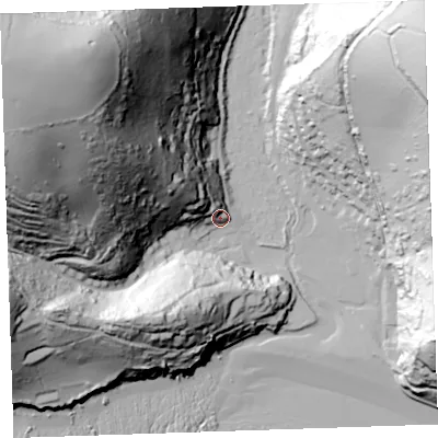 Shaded relief map of the ground around PL113JL, computed from Environment Agency LiDAR. The ground here sits at about 10 m above sea level and falls 127 m across the surrounding 800 m. Surface water reaching this point runs off ground lying to the north-west, 67.6 m higher.