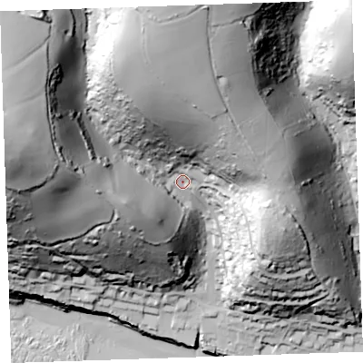 Shaded relief map of the ground around PL113JP, computed from Environment Agency LiDAR. The ground here sits at about 50 m above sea level and falls 135 m across the surrounding 800 m. Surface water reaching this point runs off ground lying to the west-north-west, 85.0 m higher.