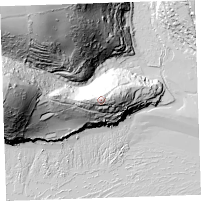 Shaded relief map of the ground around PL113JQ, computed from Environment Agency LiDAR. The ground here sits at about 53 m above sea level and falls 121 m across the surrounding 800 m. Surface water reaching this point runs off ground lying to the north-east, 8.8 m higher.