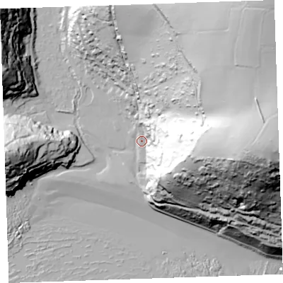 Shaded relief map of the ground around PL113JT, computed from Environment Agency LiDAR. The ground here sits at about 5 m above sea level and falls 136 m across the surrounding 800 m. Surface water reaching this point runs off ground lying to the east, 124.5 m higher.