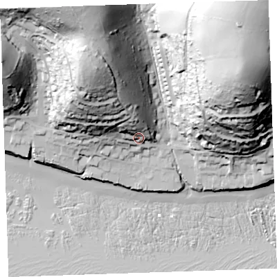 Shaded relief map of the ground around PL113LE, computed from Environment Agency LiDAR. The ground here sits at about 24 m above sea level and falls 112 m across the surrounding 800 m. Surface water reaching this point runs off ground lying to the north-north-west, 62.5 m higher.