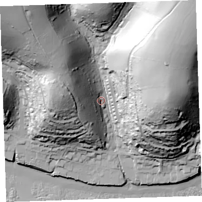 Shaded relief map of the ground around PL113LP, computed from Environment Agency LiDAR. The ground here sits at about 26 m above sea level and falls 118 m across the surrounding 800 m. Surface water reaching this point runs off ground lying to the north-east, 93.6 m higher.