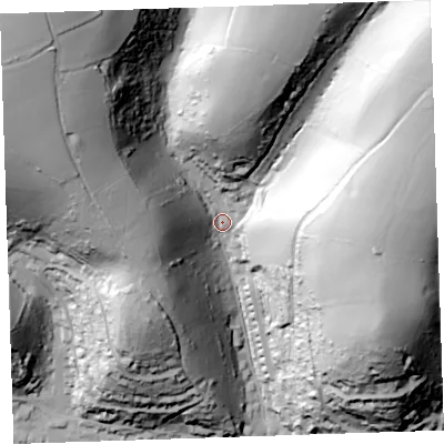 Shaded relief map of the ground around PL113LS, computed from Environment Agency LiDAR. The ground here sits at about 34 m above sea level and falls 112 m across the surrounding 800 m. Surface water reaching this point runs off ground lying to the north-west, 95.1 m higher.