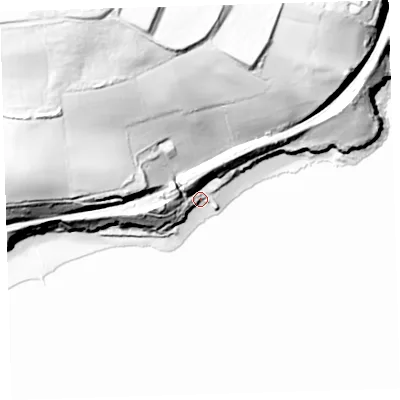 Shaded relief map of the ground around PL124AT, computed from Environment Agency LiDAR. The ground here sits at about 5 m above sea level and falls 80 m across the surrounding 800 m. Surface water reaching this point runs off ground lying to the north-west, 77.7 m higher.