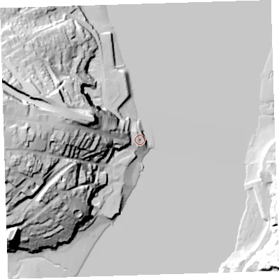 Shaded relief map of the ground around PL124EH, computed from Environment Agency LiDAR. The ground here sits at about 4 m above sea level and falls 52 m across the surrounding 800 m. Surface water reaching this point runs off ground lying to the west-north-west, 38.1 m higher.