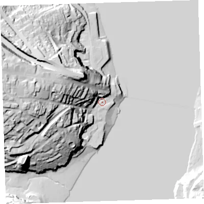 Shaded relief map of the ground around PL124EJ, computed from Environment Agency LiDAR. The ground here sits at about 4 m above sea level and falls 56 m across the surrounding 800 m. Surface water reaching this point runs off ground lying to the west, 51.3 m higher.
