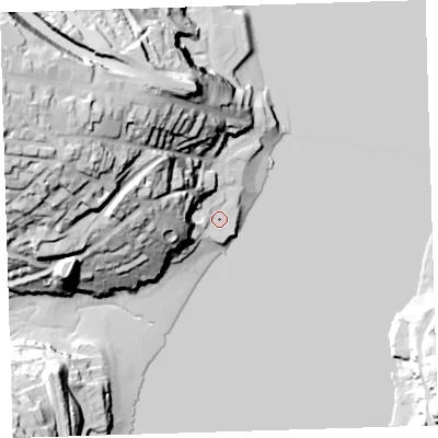 Shaded relief map of the ground around PL124EL, computed from Environment Agency LiDAR. The ground here sits at about 3 m above sea level and falls 59 m across the surrounding 800 m. Surface water reaching this point runs off ground lying to the west-north-west, 1.6 m higher.