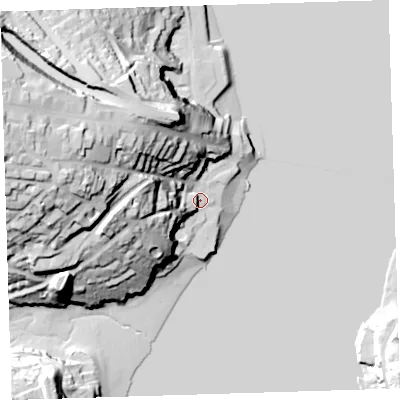 Shaded relief map of the ground around PL124EN, computed from Environment Agency LiDAR. The ground here sits at about 4 m above sea level and falls 59 m across the surrounding 800 m. Surface water reaching this point runs off ground lying to the west, 28.4 m higher.