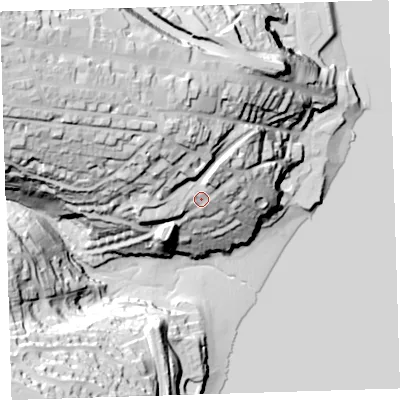 Shaded relief map of the ground around PL124ER, computed from Environment Agency LiDAR. The ground here sits at about 28 m above sea level and falls 71 m across the surrounding 800 m. Surface water reaching this point runs off ground lying to the north-west, 28.1 m higher.