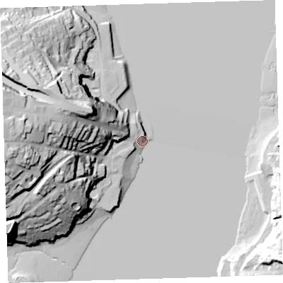 Shaded relief map of the ground around PL124GT, computed from Environment Agency LiDAR. The ground here sits at about 1 m above sea level and falls 52 m across the surrounding 800 m. Surface water reaching this point runs off ground lying to the west, 51.8 m higher.