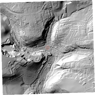 Shaded relief map of the ground around PL124QD, computed from Environment Agency LiDAR. The ground here sits at about 14 m above sea level and falls 70 m across the surrounding 800 m. Surface water reaching this point runs off ground lying to the north-north-west, 45.7 m higher.