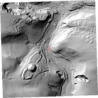 Shaded relief map of the ground around PL124QR, computed from Environment Agency LiDAR. The ground here sits at about 4 m above sea level and falls 75 m across the surrounding 800 m. Surface water reaching this point runs off ground lying to the west-north-west, 72.2 m higher.