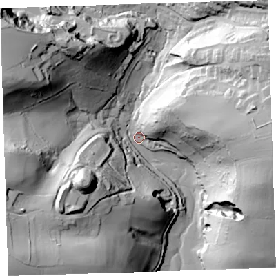 Shaded relief map of the ground around PL124QS, computed from Environment Agency LiDAR. The ground here sits at about 3 m above sea level and falls 75 m across the surrounding 800 m. Surface water reaching this point runs off ground lying to the west-north-west, 72.4 m higher.