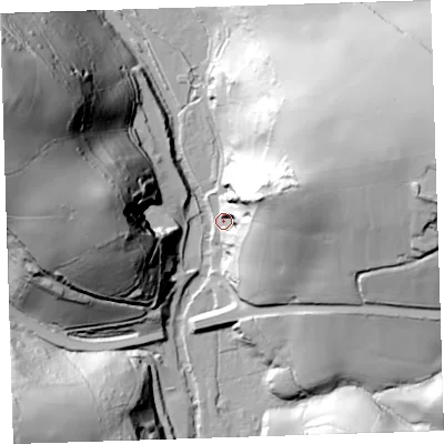 Shaded relief map of the ground around PL124RN, computed from Environment Agency LiDAR. The ground here sits at about 6 m above sea level and falls 91 m across the surrounding 800 m. Surface water reaching this point runs off ground lying to the east-north-east, 58.5 m higher.