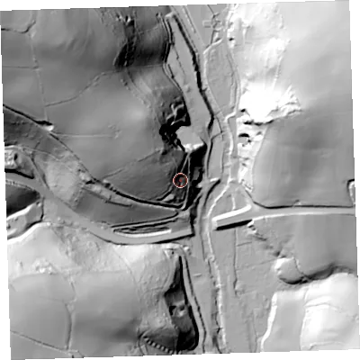 Shaded relief map of the ground around PL124RW, computed from Environment Agency LiDAR. The ground here sits at about 29 m above sea level and falls 106 m across the surrounding 800 m. Surface water reaching this point runs off ground lying to the north-west, 41.8 m higher.